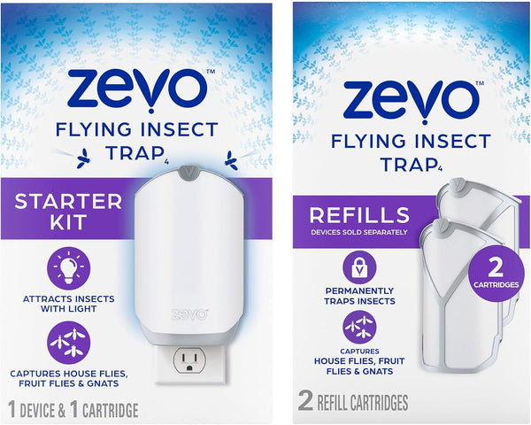 Zevo Flying Insect Trap for Indoors: Light Trap Captures Fruit Flies, Gnats and Houseflies, Starter Kit + Refills (1 Plug-in Base + 3 Cartridges)