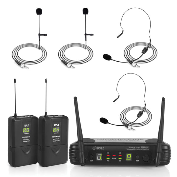 Pyle PDWM3400 Premier Series Professional UHF Wireless Microphone System with 2 Body Packs, 2 Lavaliers, and 2 Headsets