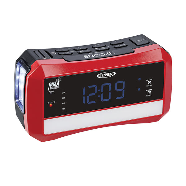JENSEN JEP-775 Digital AM/FM Weather Alarm Clock Radio with Weather Alert, Emergency Light, and Flashlight, Red, JEP-775